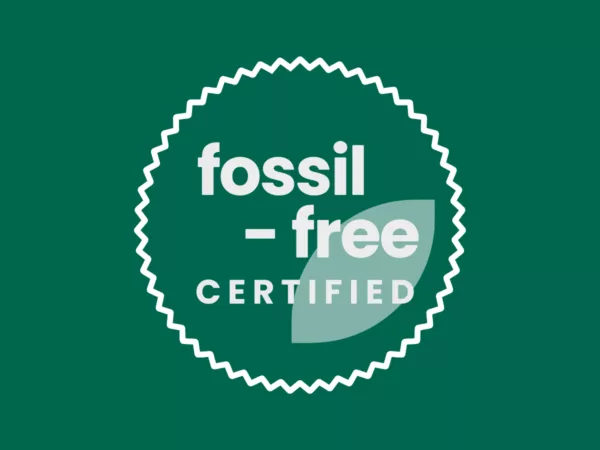 Fossil Free Certified logo on a green background