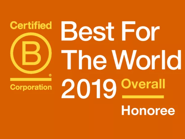 The B Corp logo, next to the words "Best for the World 2019 Overall Honoree"