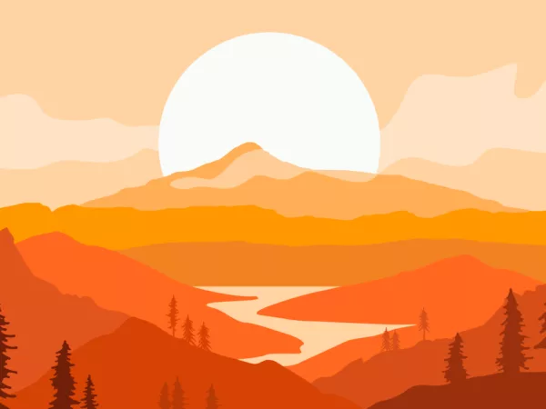 An illustration of an orange sunset with the sun over a mountain range and river