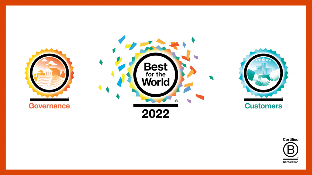 Three "Best for the World" B Corp icons for 2022, including Governance and Customers