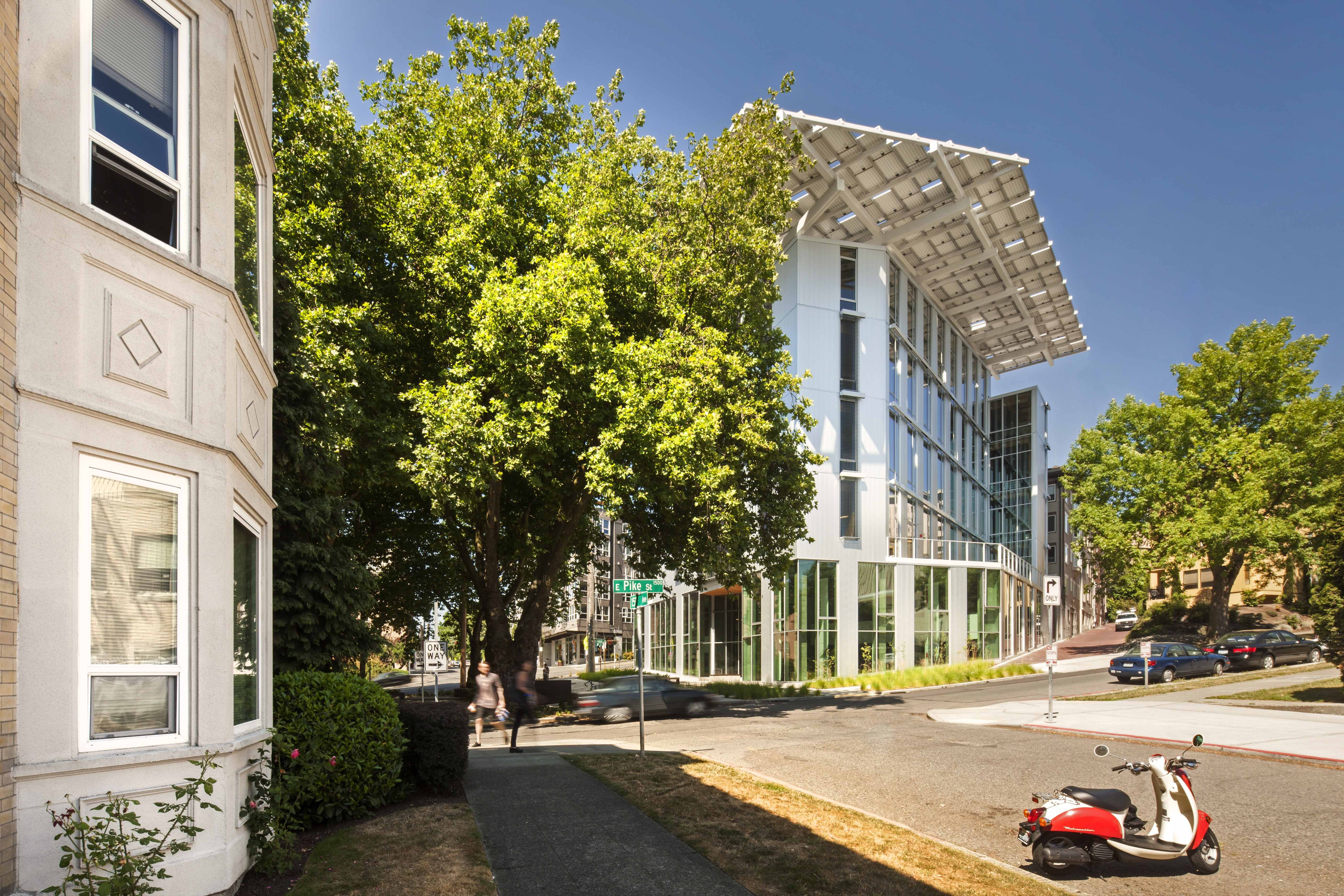 Image of the Bullitt Center with scooter out front